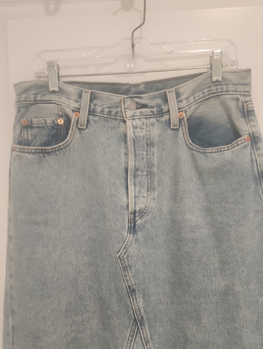 Levi's Light Blue Denim Maxi Skirt Button Fly Raw Hem - Picture 4 of 13